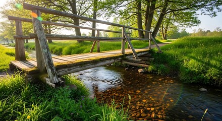 Rustic Wooden Footbridge Over Stream in Summer Meadow Landscape