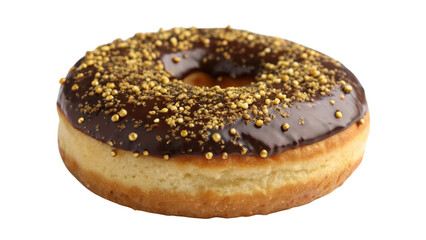 Delicious chocolate glazed donut topped with golden sprinkles isolated on transparent background
