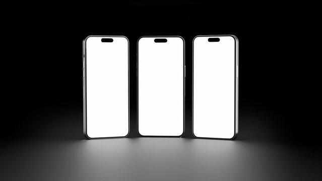 3D render illustration of three mobile phones for mock up. 3 Smartphone frames with blank screen isolated on black background. For mockup on light background. Template for place your design.