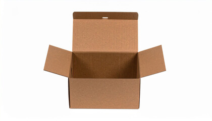Open Cardboard Box: A detailed studio shot of an empty cardboard box, its flaps open, inviting the viewer to imagine its potential use for storage, packaging, or shipping.