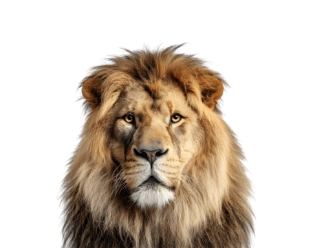 Half-body lion looking directly at the camera with a majestic and intense expression
