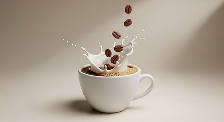Frozen Motion - Roasted Coffee Beans Creating a Crown Splash in a White Cup.