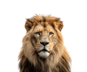 Half-body lion looking directly at the camera with a majestic and intense expression