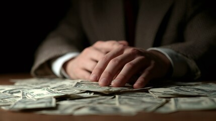 Man counting money on a dark table, representing financial fraud and illegal earnings. Concept of economic crime.
