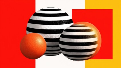 Abstract composition of three spheres, two with black and white stripes, one orange, set against a red and yellow background