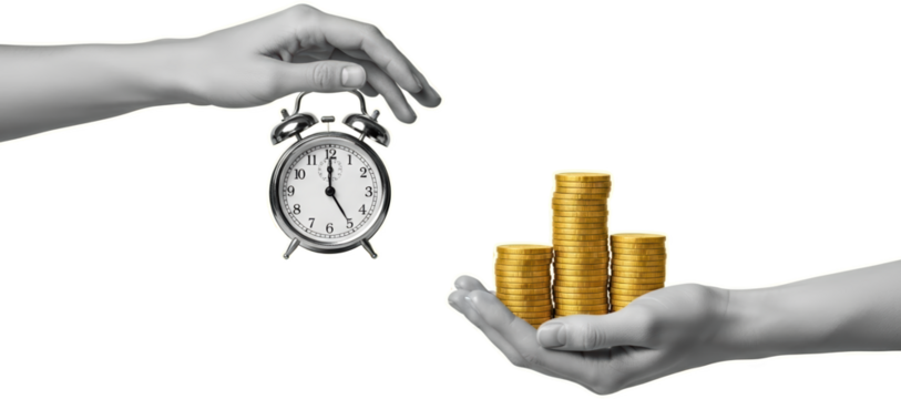 Hands exchanging an alarm clock and stacks of gold coins isolate collage art time money exchange finance