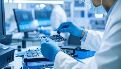 This image depicts a high-tech research and development environment. This image is suitable for themes such as innovation, technology, science, engineering, and electronics manufacturing