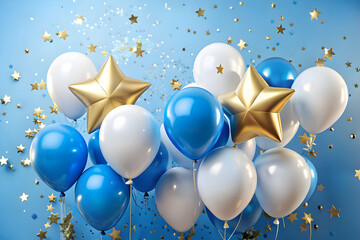 A large group of blue and white balloons with gold star confetti floating against a blue background Keywords: balloons, blue, white, gold, stars, confetti, celebration, party, festive, birthday