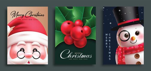 Fototapeta premium Merry Christmas greeting card clipart poster set. Santa Claus, snowman character and holly berry decoration elements clip art with Merry Christmas and happy new year greeting invitation card template 