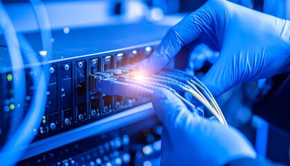 A blue-gloved hand connects a fiber optic cable to a network device, indicating a high-speed data connection in a data center or server room. Orange light emanates from the cable