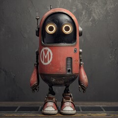 Rusty red robot with glowing eyes, standing