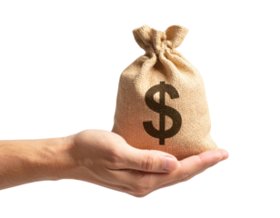Front View of Hand Presenting Burlap Money Bag with Dollar Sign, Isolated on Transparent Background
