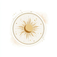 Golden sun and moon within a circular frame, surrounded by soft, light beige watercolor-style washes and scattered golden stars
