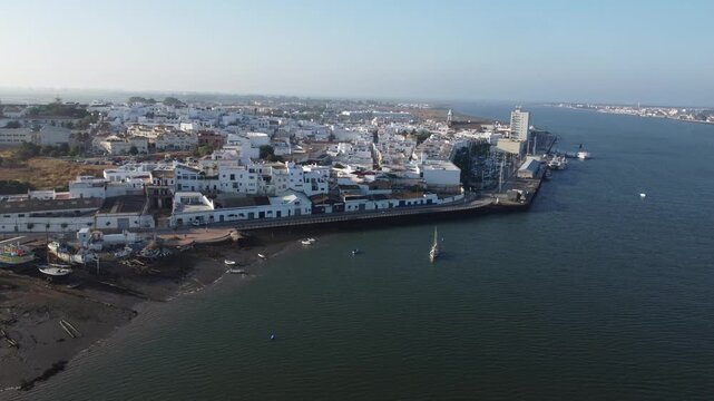 Aerial view of Rio Guadiana with Ayamonte in Spain