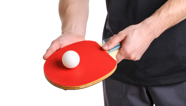 Close up hands man holding the ping pong bat, isolated on transparent background - Powered by Adobe