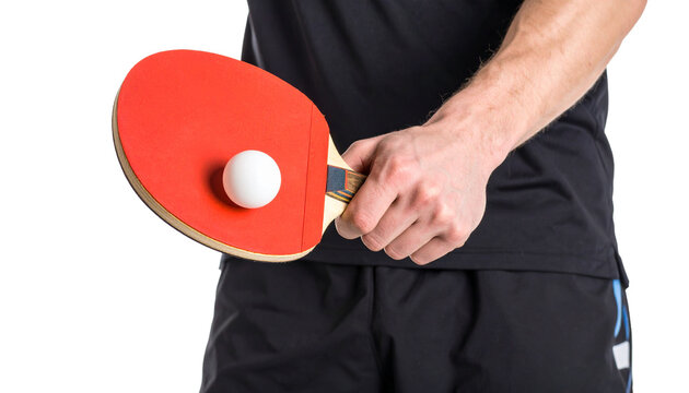 Close up hands man holding the ping pong bat and the ball will serve isolated on transparent background