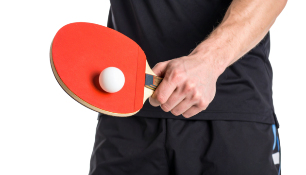 Close up hands man holding the ping pong bat and the ball will serve isolated on transparent background - Powered by Adobe