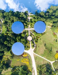 Aerial view of a park with circular structures