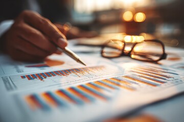 Hand Holding Pen Over Financial Reports with Glasses on Table