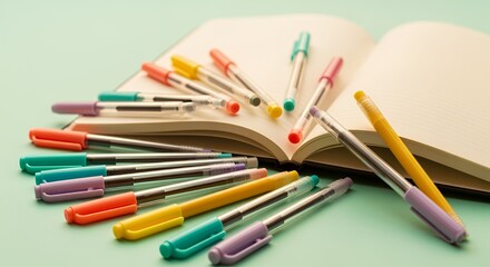 Naklejka premium Colorful Pens and Open Notebook on Mint Background