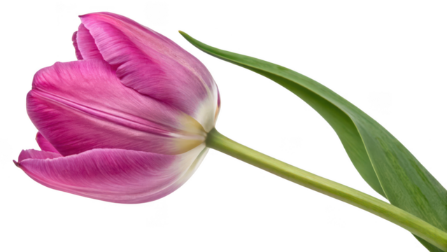 A single vibrant pink tulip with a green stem and leaf isolated on transparent background