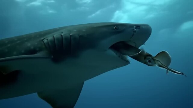 Shark consuming squid underwater
