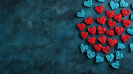 Creative arrangement of red and blue heart-shaped candies scattered on dark textured surface forming a romantic heart shape for love or Valentine's Day theme