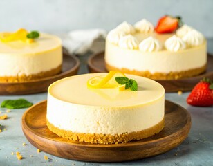 Lemon cheesecake on wooden plate with fresh lemon slice