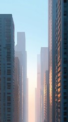 Obraz premium Majestic Urban Skyline at Dusk with Soft Light Illuminating Tall Buildings and City Streets