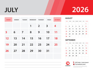 Calendar 2026 template - July 2026 year, Desk Calendar 2026 template, Week Start On Sunday, Wall calendar design, Planner layout, Stationery, Poster, printing media, Red background vector