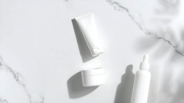 A minimalist flat lay of various unbranded white and pastel-toned skincare product bottles and jars