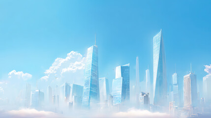 Naklejka premium Modern City Skyline with Misty Atmosphere and Sunlit Reflections