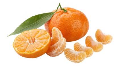 Fresh ripe tangerine fruit with leaves and segments isolated on transparent background