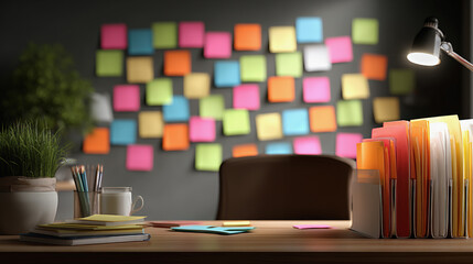 Vibrant workspace featuring colorful sticky notes on wall, organized files, and desk lamp, creating inspiring atmosphere for productivity