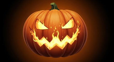 A halloween pumpkin with a fiery face glowing against a dark background in a cartoonish style