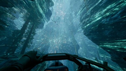 First-person view through a VR headset into a vast data ocean with crystalline firewalls and threat predators. Immersive cybersecurity metaphor.