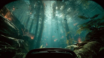 First-person view through a VR headset into a vast data ocean with crystalline firewalls and threat predators. Immersive cybersecurity metaphor.