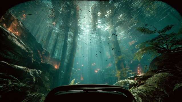 First-person view through a VR headset into a vast data ocean with crystalline firewalls and threat predators. Immersive cybersecurity metaphor.