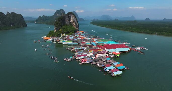 Ko Panyi Floating Fishing Village In Thailand - Aerial Drone Shot