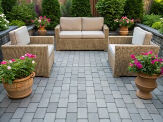 Obraz premium Spacious outdoor terrace patio with elegant rattan furniture set on grey brick stone flooring, bordered by blooming flowers and green plants in clay vases, relaxing atmosphere