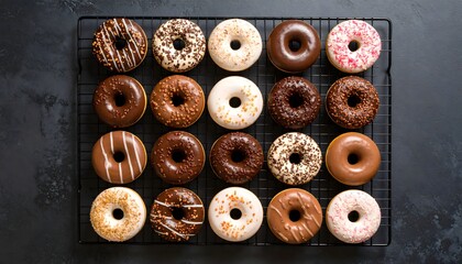 Fototapeta premium Assorted Chocolate and Pink Glazed Donuts on Black Wire Rack in Modern Kitchen