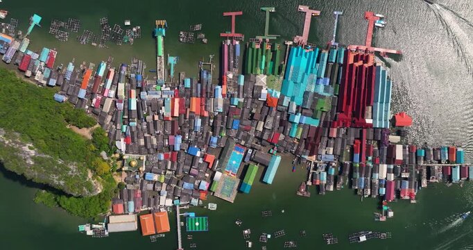 Top Down View Of Ko Panyi Fishing Village In Phang Nga Province, Thailand - Drone Shot
