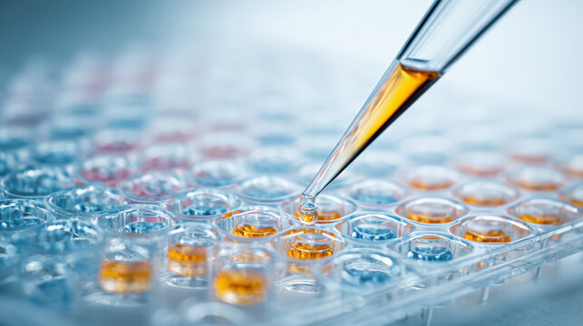 Close up of lab pipette adding sample to well plate, showcasing precision and scientific experimentation in laboratory setting
