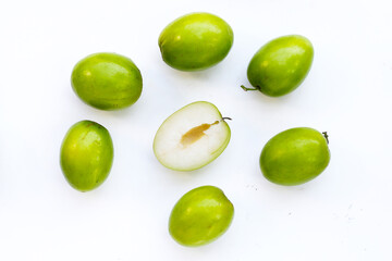 Green jujube fruits on white background.