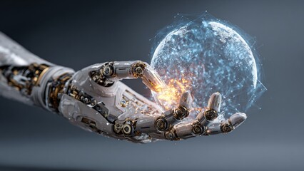 An AI robot hand protecting a global network visualization by neutralizing a cyber threat. Artificial intelligence and cybersecurity guardian concept.