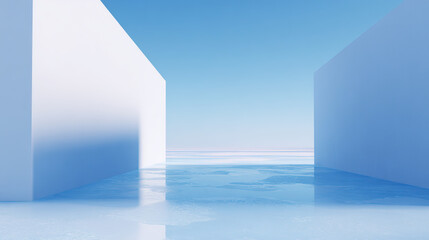 Minimalist Abstract Scene with Perpendicular White Geometric Shapes and Clear Blue Sky