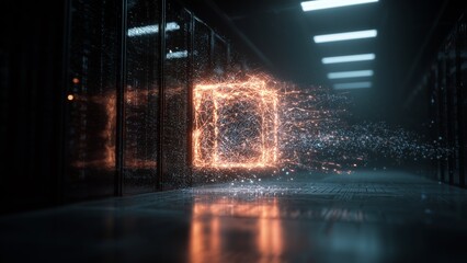  Futuristic glowing hexagonal energy shield protecting a black server rack in a dark data center. Cyber security and data protection concept.