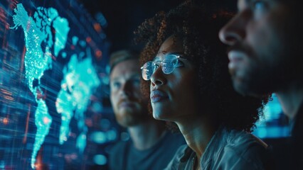  Diverse team of cybersecurity analysts working in a modern SOC monitoring a massive holographic network map with threat alerts. Security concept.