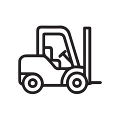 Vector icon minimalist artwork featuring a forklift vehicle, monochrome black and white palette, strong black outline, elegant industrial equipment design, simple graphic.