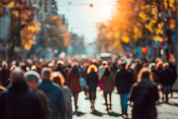 vibrant crowd of people walking on city street during autumn, with warm sunlight filtering through trees, creating lively atmosphere